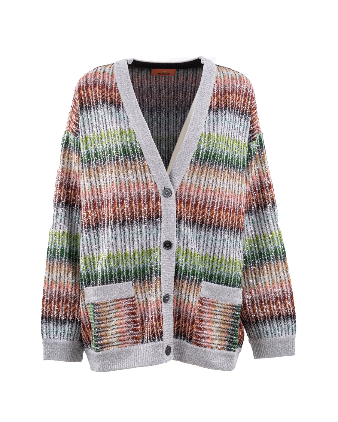 shop MISSONI  Cardigan: Missoni cardigan con paillettes.
Abbottonatura frontale.
Vestibilità oversize.
Lavorazione Missoni.
Tasche frontali a toppa.
Composizione: 47% Viscosa, 26% Poliammide, 7% Fibra metalizzata.
Made in Italy.. DS25SM0I BC0051-SM9KP number 7096774